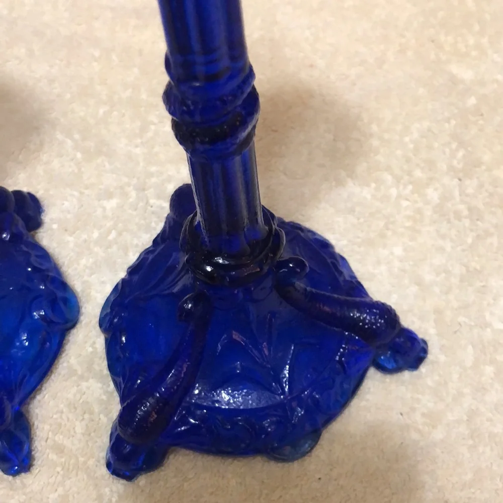 Portieux Vallerysthal Bavards 8.5” Koi Candlesticks Cobalt Blue Glass